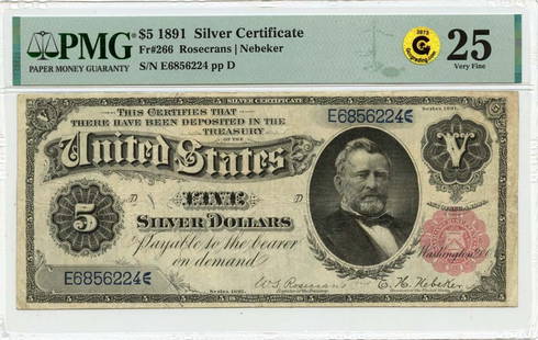 1891 $5 Silver Certificate PMG VF25 Circulated Currency: 1891 $5 Silver Certificate PMG VF25 Circulated Currency This 1891 $5 Silver Certificate features a grade of VF25 as certified by PMG. It is a circulated piece, reflecting its historical journey since