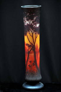 Daum Nancy Scenic Cameo Glass Vase 22.25'' H 5.5'' W Circa 1900: Daum Nancy Scenic Cameo Glass Vase 22.25'' H 5.5'' W Circa 1900 This exquisite Daum Nancy Cameo Glass Footed Scenic Vase showcases the artistry of hand blown glass, crafted between 1900 and 1919. The