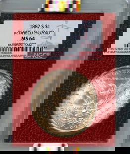 1887-S NGC MS64 Morgan Dollar Redfield Hoard Uncirculated: 1887-S NGC MS64 Morgan Dollar Redfield Hoard Uncirculated This 1887-S Morgan Dollar is a stunning example of American numismatic history, certified by NGC with a grade of MS64. Struck in San