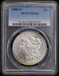 1880-O Morgan Dollar Uncirculated PCGS MS63 New Orleans: 1880-O Morgan Dollar Uncirculated PCGS MS63 New Orleans This stunning 1880-O Morgan Dollar, certified by PCGS with a grade of MS63, is an uncirculated coin from the New Orleans mint. Boasting the
