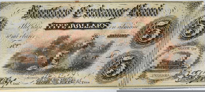 1870 $5 Hartford Exchange Bank Note Indiana Uncertified: 1870 $5 Hartford Exchange Bank Note Indiana Uncertified This $5 Hartford Exchange Bank note from Indiana, dated 1870, is in uncirculated condition, showcasing its pristine quality. The note is