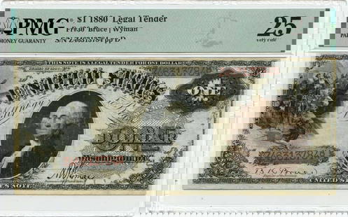 1880 $1 Legal Tender Note Fr# 30 PMG VF25 Brown with Spikes: 1880 $1 Legal Tender Note Fr# 30 PMG VF25 Brown with Spikes This 1880 $1 Legal Tender Note, also known as Fr# 30, is a captivating piece of currency history. Graded by PMG at VF25, it features a