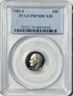 1982 S Roosevelt Dime PCGS PR-70 Uncirculated Proof Coin: 1982 S Roosevelt Dime PCGS PR-70 Uncirculated Proof Coin This 1982 S Roosevelt Dime is graded PR-70 by PCGS, indicating it is a perfect proof coin with no imperfections visible under magnification.