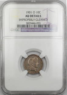 1901-O NGC AU Details Barber Silver Dime Coin New Orleans: 1901-O NGC AU Details Barber Silver Dime Coin New Orleans This 1901-O Barber Silver Dime, certified by NGC with a grade of AU Details, showcases a rich history as part of American coinage. Struck in N