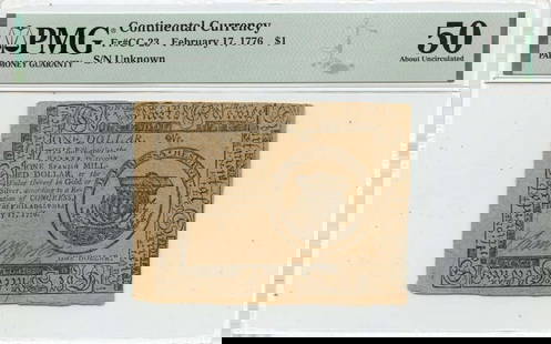 1776 February 17 Continental Currency CC-23 PMG AU50 Certified Note: 1776 February 17 Continental Currency CC-23 PMG AU50 Certified Note This is a February 17, 1776 Continental Currency note, designated as CC-23. Certified by PMG with a grade of AU50, this piece has be