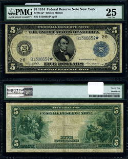 1914 $5 Federal Reserve Note New York PMG VF25 Star: 1914 $5 Federal Reserve Note New York PMG VF25 Star This 1914 Federal Reserve Note, denomination $5, is a collectible piece of currency, graded VF25 by PMG, indicating its very fine condition. The not