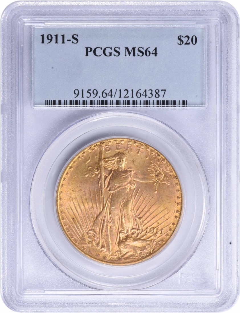 1911-S $20 Gold St Gaudens Coin MS64 PCGS Uncirculated: 1911-S $20 Gold St Gaudens Coin MS64 PCGS Uncirculated This 1911-S $20 Gold St. Gaudens coin is a stunning example of numismatic artistry, designed by Augustus Saint Gaudens. Graded MS64 by PCGS, this