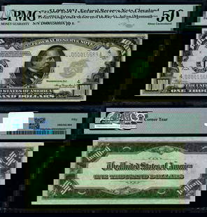 1934 $1000 Federal Reserve Note Cleveland D-A Block PMG AU50: 1934 $1000 Federal Reserve Note Cleveland D-A Block PMG AU50 This is a 1934 Federal Reserve Note featuring the Cleveland D-A Block, graded AU50 by PMG. The note is in circulated condition and holds a