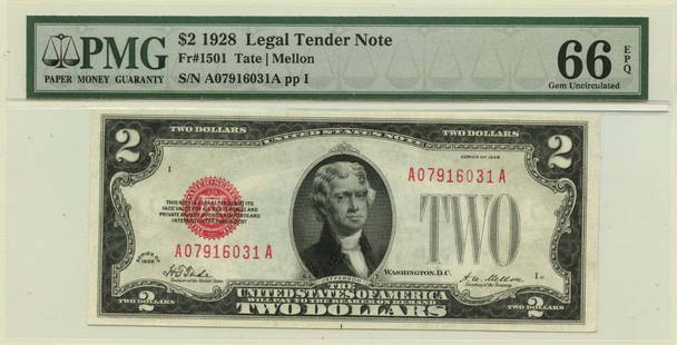 1928 $2 Legal Tender Note Fr# 1501 PMG Gem 66 EPQ Uncirculated: 1928 $2 Legal Tender Note Fr# 1501 PMG Gem 66 EPQ Uncirculated This 1928 $2 Legal Tender Note (Fr# 1501) is certified by PMG with a Gem 66 EPQ grade, indicating its excellent condition. This uncircula