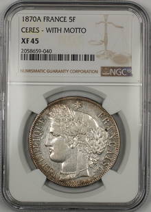 1870 France Ceres 5 Francs Silver Coin NGC XF-45: 1870 France Ceres 5 Francs Silver Coin NGC XF-45 This 1870 Ceres with Motto 5 Francs silver coin from France is a remarkable piece of numismatic history. Graded by NGC as XF-45, it showcases the beaut