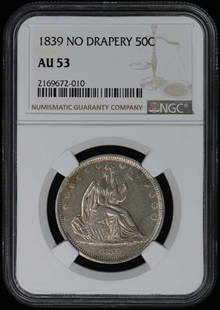 1839 Seated Liberty Half Dollar 50C NGC AU53 Certified Coin: 1839 Seated Liberty Half Dollar 50C NGC AU53 Certified Coin This 1839 No Drapery Seated Liberty Half Dollar is a remarkable piece of numismatic history, certified by NGC with a grade of AU53. Minted i