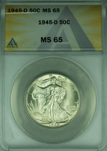 1945-D Walking Liberty Half Dollar 50c ANACS MS-65 Silver Coin: 1945-D Walking Liberty Half Dollar 50c ANACS MS-65 Silver Coin This 1945-D Walking Liberty Silver Half Dollar is a stunning piece, certified by ANACS with a grade of MS-65, indicating its excellent