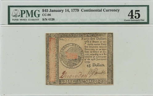1779 $45 Continental Currency CC-96 PMG XF45 Certified Note: 1779 $45 Continental Currency CC-96 PMG XF45 Certified Note This is a $45 Continental Currency note from 1779, designated as CC-96. It has been certified by PMG with a grade of XF45, indicating its ex