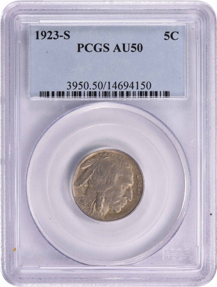 1923-S Buffalo Nickel AU50 PCGS by James Earle Fraser: 1923-S Buffalo Nickel AU50 PCGS by James Earle Fraser This 1923-S Buffalo Nickel, graded AU50 by PCGS, showcases the iconic design by James Earle Fraser. Produced at the San Francisco mint, this coin