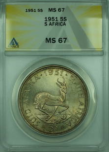 1951 South Africa 5 Shillings Silver Coin ANACS MS 67 KM#12.3 Uncirculated: 1951 South Africa 5 Shillings Silver Coin ANACS MS 67 KM#12.3 Uncirculated This 1951 South Africa 5 Shillings coin is a remarkable piece of numismatic history, graded MS 67 by ANACS. It is composed of