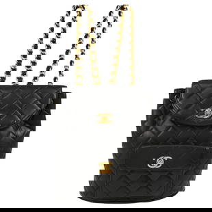 Chanel Duma Black Lambskin Small Backpack with Turn Lock: Chanel Duma Black Lambskin Small Backpack with Turn Lock This stylish Chanel Black Lambskin Large Duma Backpack is designed for elegance and functionality. Crafted from luxurious lambskin leather,