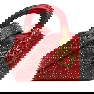 Dior Mini Lambskin Cannage Studded Satchel Red Leather: Dior Mini Lambskin Cannage Studded Satchel Red Leather Introducing the Mini Lambskin Cannage Studded Supple Lady Dior, a stunning red satchel that combines elegance with functionality. This