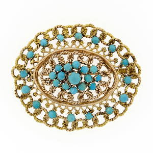Vintage 14k Yellow Gold Twisted Wire Turquoise Brooch Pin