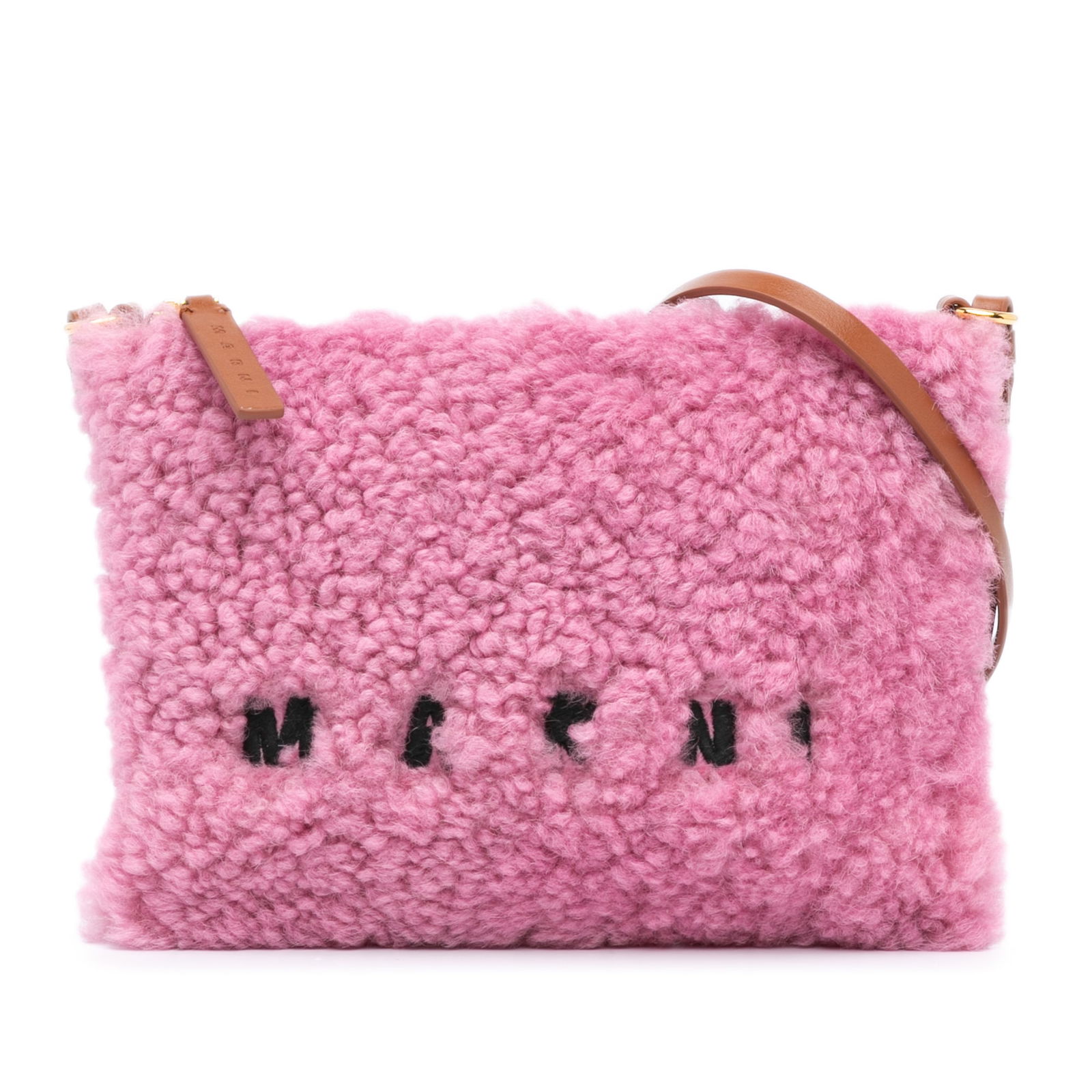 Marni Pink Shearling Calfskin Logo Crossbody Bag Italy: Marni Pink Shearling Calfskin Logo Crossbody Bag Italy This stylish crossbody bag from Marni is crafted from a combination of luxurious shearling and calfskin, showcasing a unique blend of textures. I