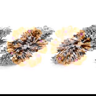 ROSSSELLO Vintage 18K Rose Gold Diamond Ruby Flower Earrings: ROSSSELLO Vintage 18K Rose Gold Diamond Ruby Flower Earrings Experience the elegance of ROSSELLO Retro 18K Rose Gold Diamond & Ruby Flower Earrings. These exquisite earrings are crafted from 18K