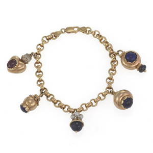 14k Yellow Gold Bracelet with Lapis Pearls Ruby Charms