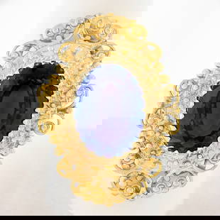 Etruscan Style 14k Yellow Gold Oval Amethyst Cocktail Ring: Etruscan Style 14k Yellow Gold Oval Amethyst Cocktail Ring This stunning Etruscan Style statement ring is crafted from solid 14k yellow gold and features a large oval amethyst as the centerpiece. The