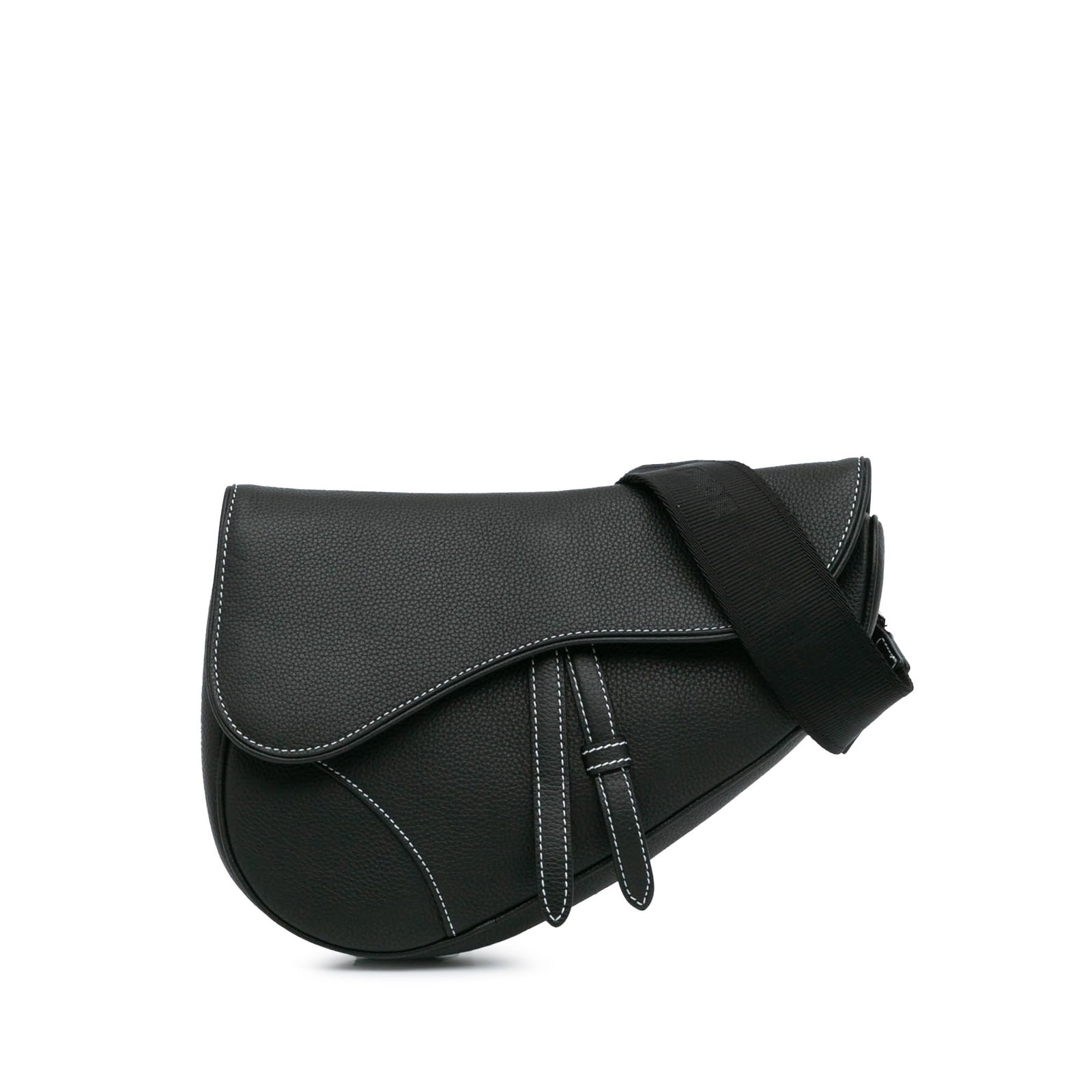 Dior Kim Jones Black Grained Calfskin Saddle Bag with Adjustable Strap: Dior Kim Jones Black Grained Calfskin Saddle Bag with Adjustable Strap Introducing the Dior Kim Jones Grained Calfskin Saddle Bag, a stylish and practical accessory crafted from luxurious leather. Thi