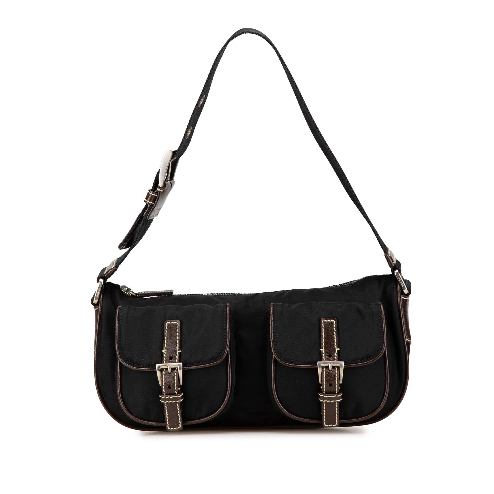 Prada Tessuto Black Nylon Shoulder Bag with Leather Trim: Prada Tessuto Black Nylon Shoulder Bag with Leather Trim This Prada Tessuto Shoulder Bag showcases a stylish design with a durable nylon body complemented by leather trim. It features an adjustable fl