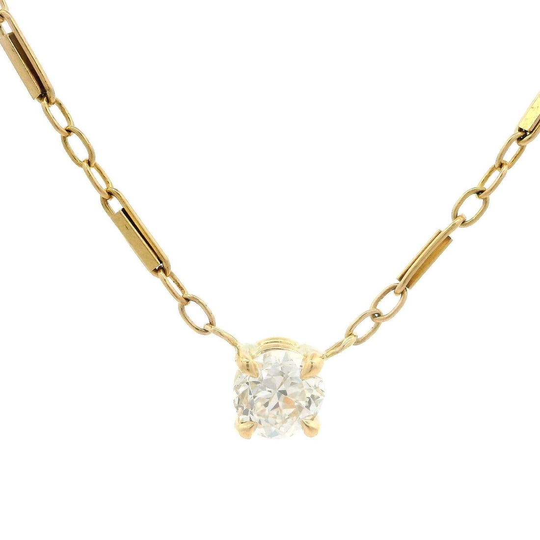 Antique 14k Yellow Gold 0.34ctw Diamond Solitaire Pendant Necklace: Antique 14k Yellow Gold 0.34ctw Diamond Solitaire Pendant Necklace This exquisite antique pendant necklace features a stunning 0.34ctw old European cut diamond, showcasing its brilliant cut and natura