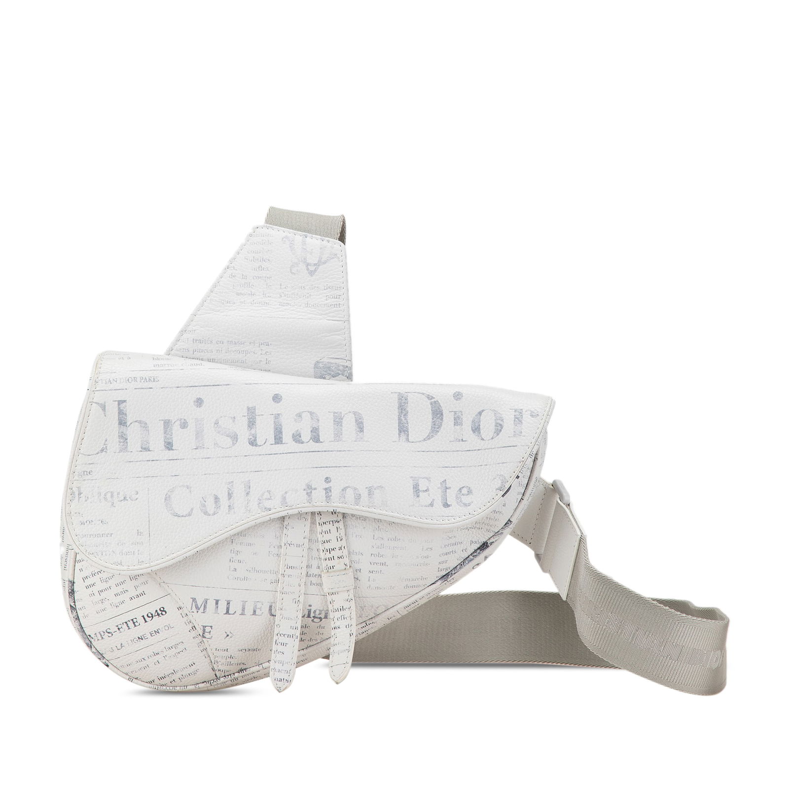 Dior Daniel Arsham White Printed Leather Saddle Bag: Dior Daniel Arsham White Printed Leather Saddle Bag Introducing the Dior Daniel Arsham Newspaper Print Saddle Bag, a stunning accessory that combines art and fashion. This bag features a printed leath