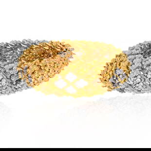 David Webb 18K Yellow Gold Platinum Textured Diamond Wide Bracelet 9 Cts: David Webb 18K Yellow Gold Platinum Textured Diamond Wide Bracelet 9 Cts This exquisite wide bracelet by David Webb showcases a stunning combination of platinum and 18K yellow gold. The design feature
