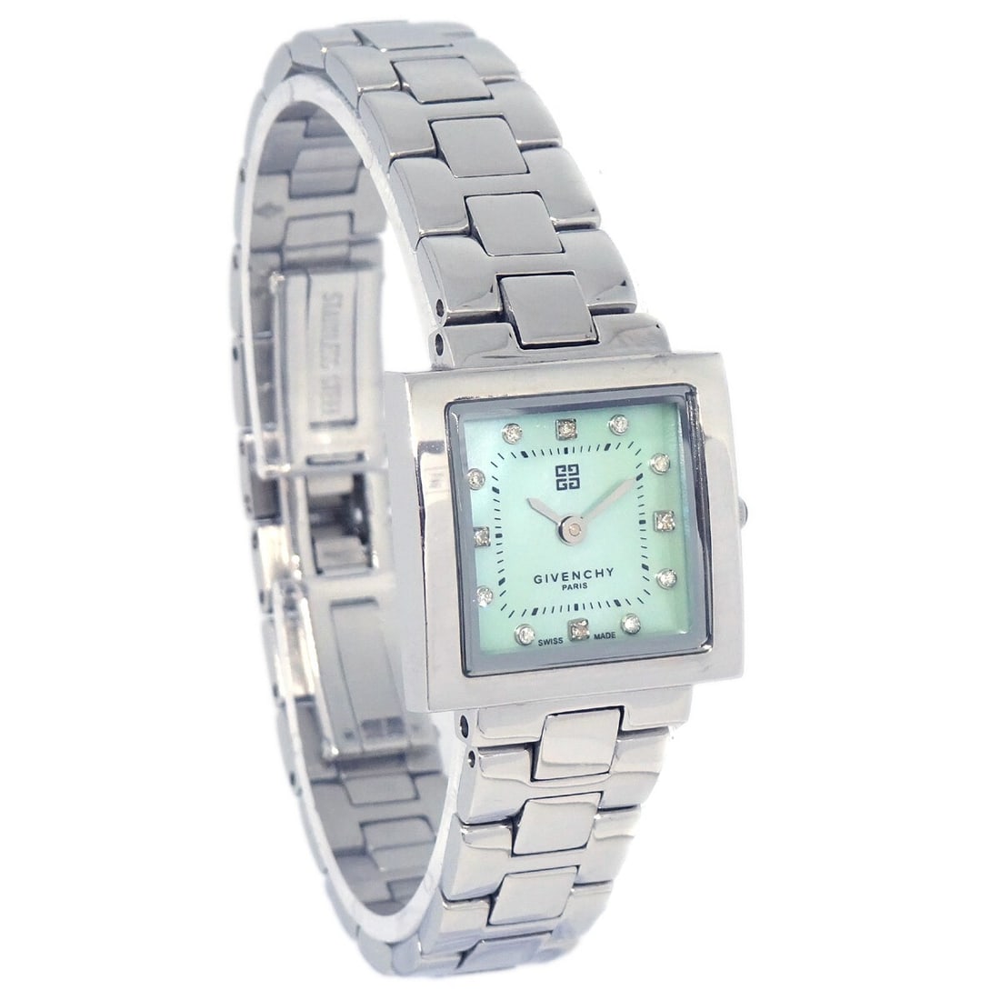 Givenchy Quartz Diamond Watch Ref. 95592424 Silver Stainless Steel: Givenchy Quartz Diamond Watch Ref. 95592424 Silver Stainless Steel This elegant Givenchy Quartz Diamond Watch showcases a sophisticated design, featuring a light green dial and a silver stainless stee