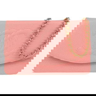 Chanel Pink Caviar Leather Timeless WOC Chain Wallet: Chanel Pink Caviar Leather Timeless WOC Chain Wallet This exquisite Chanel Timeless Wallet on Chain (WOC) features a luxurious pink caviar skin leather exterior, making it a stylish accessory for