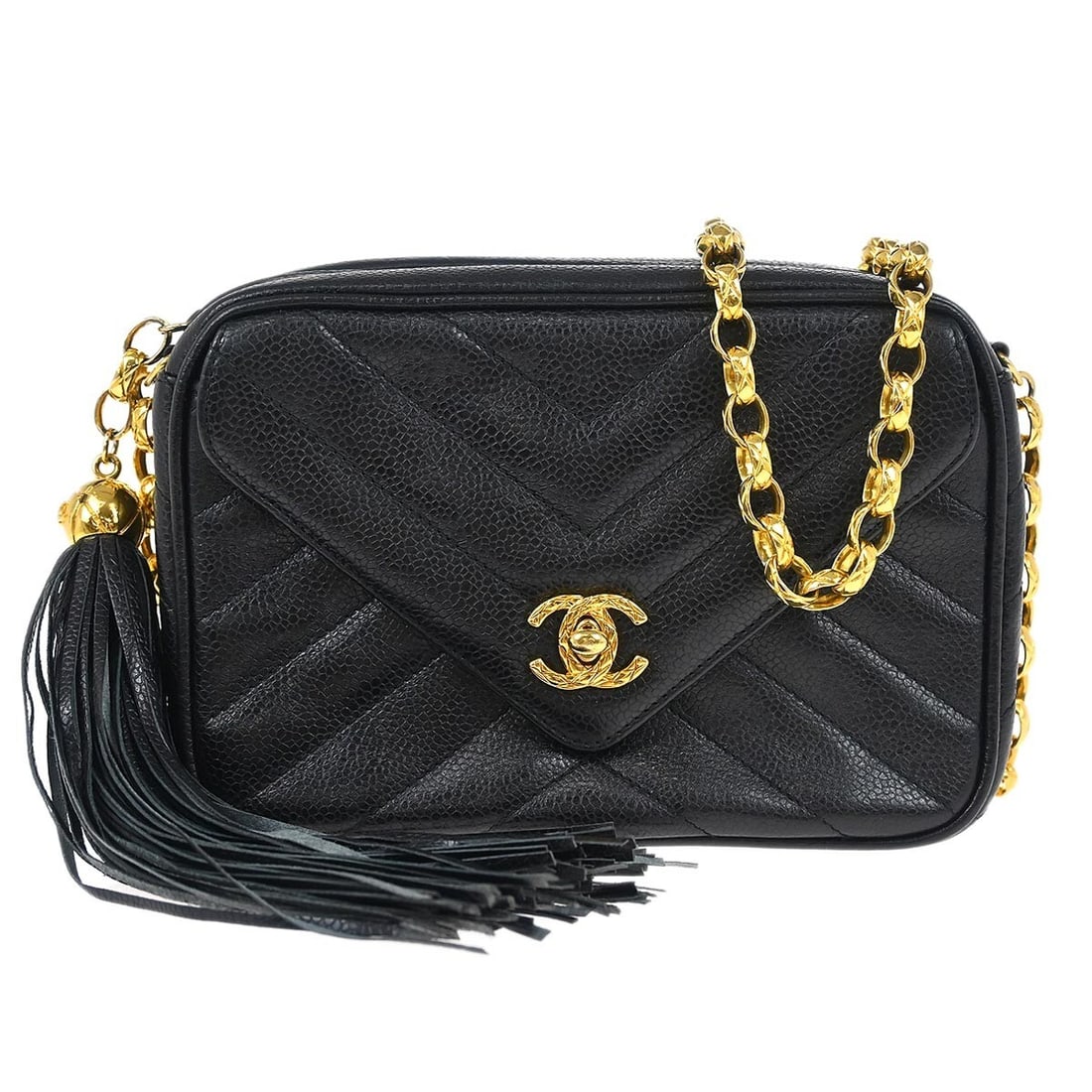 Chanel Mini Black Caviar Skin Camera Bag with Fringe: Chanel Mini Black Caviar Skin Camera Bag with Fringe This Chanel Mini Camera Bag is crafted from luxurious black caviar skin leather, offering a stylish and sophisticated accessory for casual occasion