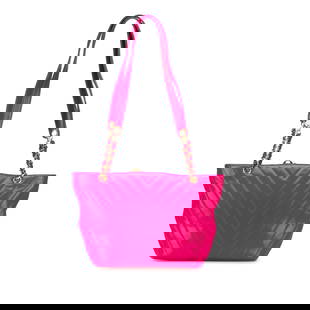 Chanel Pink Chevron Lambskin Tote with Dust Bag: Chanel Pink Chevron Lambskin Tote with Dust Bag This Chanel Chevron Lambskin Tote is crafted with a luxurious quilted lambskin body in a vibrant pink color. It features flat leather straps for