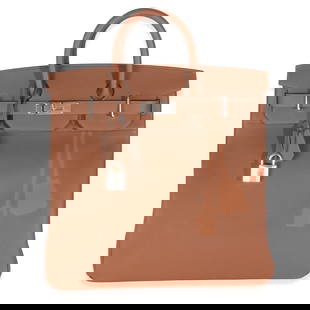 Hermes HAC Birkin 40 Gold Togo Coup De Soleil Leather Bag with Silver-Tone Hardware: Hermes HAC Birkin 40 Gold Togo Coup De Soleil Leather Bag with Silver-Tone Hardware Introducing the exquisite Hermes Gold Togo Coup De Soleil HAC Birkin 40, a luxurious handbag crafted from premium le