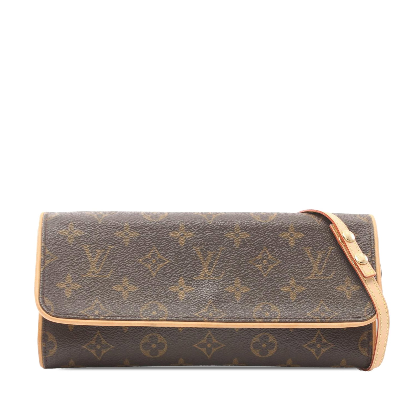 Louis Vuitton Monogram Pochette Twin GM Brown Canvas Bag: Louis Vuitton Monogram Pochette Twin GM Brown Canvas Bag The Louis Vuitton Monogram Pochette Twin GM is an elegant accessory crafted from durable monogram canvas with vachetta leather trim. This styli