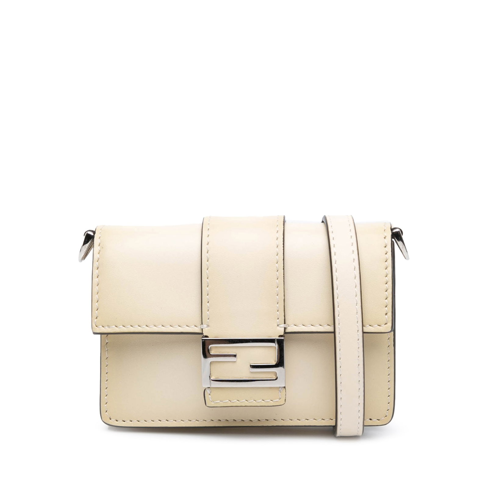 Fendi Micro Leather Crossbody Baguette Bag in White: Fendi Micro Leather Crossbody Baguette Bag in White The Fendi Micro Leather Flat Baguette Crossbody is a stylish accessory crafted from high-quality leather. This compact bag features a front flap wit
