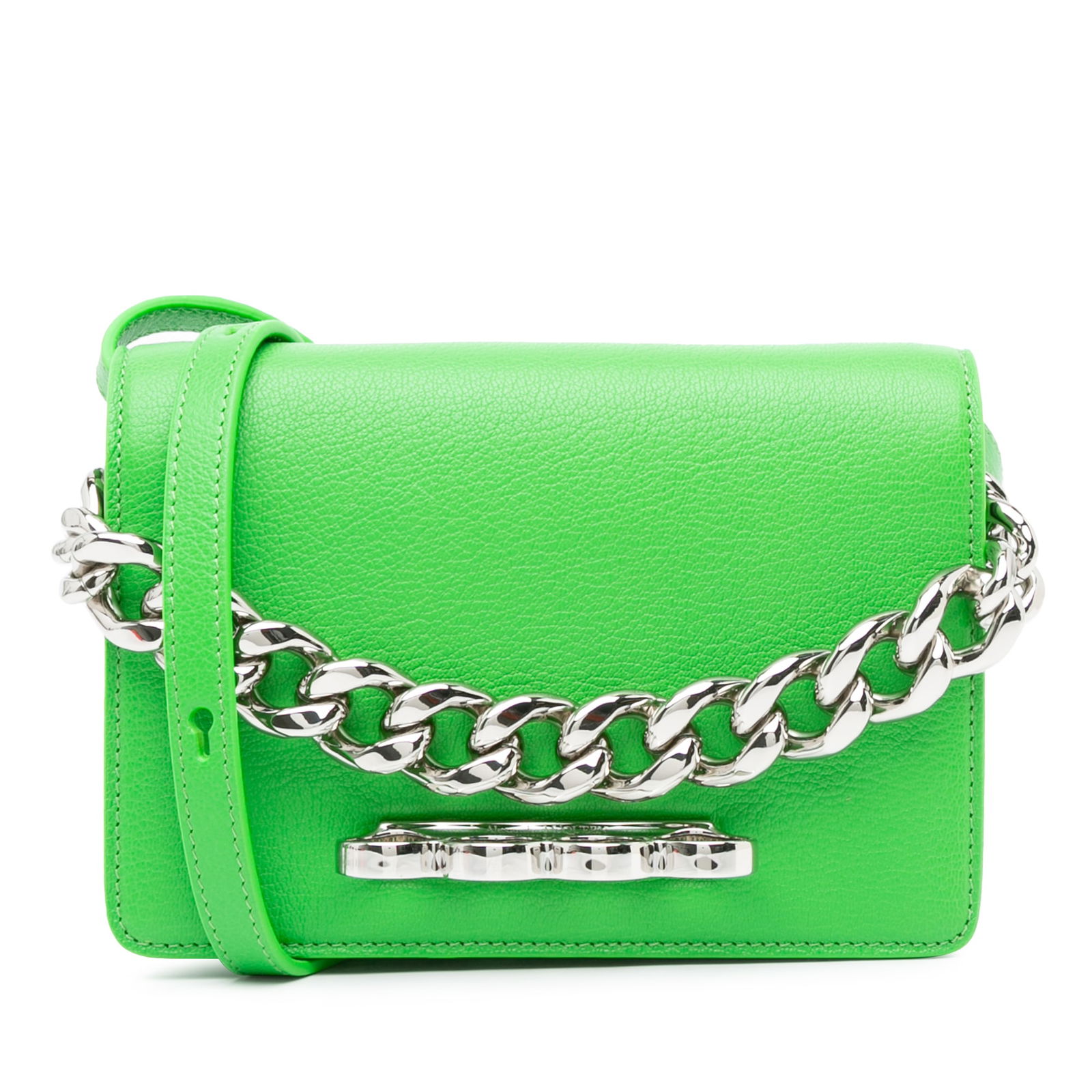 Alexander McQueen Green Calfskin Four Ring Knuckle Satchel Bag: Alexander McQueen Green Calfskin Four Ring Knuckle Satchel Bag The Alexander McQueen Calfskin Four Ring Knuckle Satchel is a stylish and distinct accessory crafted from premium calf leather. It featur