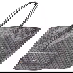 Goyard Gray St. Louis PM Tote Handbag Coated Canvas: Goyard Gray St. Louis PM Tote Handbag Coated Canvas Introducing the Goyard Gray St. Louis PM Tote Handbag, a stylish companion for your casual outings. This medium-sized tote features a sleek gray ext