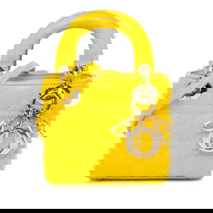 Dior Micro Lambskin Cannage Lady Dior Yellow Handbag: Dior Micro Lambskin Cannage Lady Dior Yellow Handbag The Micro Lady Dior is a stylish and compact handbag crafted from luxurious quilted lambskin leather. It features flat leather top handles and