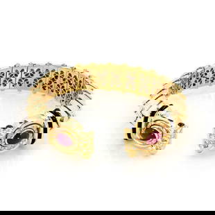 Denior 18k Yellow Gold Diamond Ruby Sapphire Cuff Bracelet: Denior 18k Yellow Gold Diamond Ruby Sapphire Cuff Bracelet This stunning cuff bracelet showcases the artistry of Brazilian designer Denior, crafted from luxurious 18k yellow gold with a polished