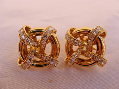 Jose Hess 18K Yellow Gold Diamond Earrings Signed 3.02 ct: Jose Hess 18K Yellow Gold Diamond Earrings Signed 3.02 ct This magnificent Jose Hess 18K yellow gold diamond pair of earrings is fully signed and hallmarked. It weighs 24.3 grams and measures 1" by 1"