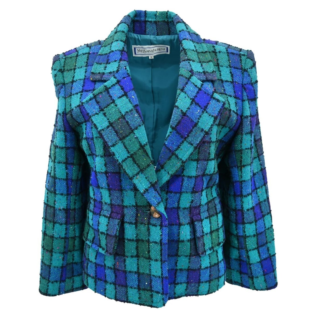 Yves Saint Laurent Blue Wool Blend Single Breasted Jacket M: Yves Saint Laurent Blue Wool Blend Single Breasted Jacket M Elevate your wardrobe with this Yves Saint Laurent Single Breasted Jacket in a stylish blue hue. Crafted from a high-quality blend of 95% wo