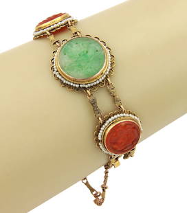 Antique 14k Yellow Gold Bracelet with Green Jade Carnelian & Seed Pearls: Antique 14k Yellow Gold Bracelet with Green Jade Carnelian & Seed Pearls This exquisite antique bracelet showcases a stunning combination of green jade, carnelian, and seed pearls, all beautifully set