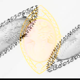 Antique 10K Gold Pink Agate Cameo Diamond Filigree Brooch Pin: Antique 10K Gold Pink Agate Cameo Diamond Filigree Brooch Pin This exquisite antique brooch features a stunning 10K yellow gold bezel setting, showcasing a beautifully carved pink agate cameo. The bro