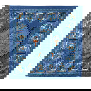 Hermes Huile Rafraichissante 100% Silk Scarf Blue 88cm: Hermes Huile Rafraichissante 100% Silk Scarf Blue 88cm This exquisite Hermes scarf showcases the captivating Huile Rafraichissante a L'Usage de la Toilette Parfumee print, crafted from luxurious 100%