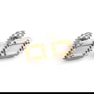 Cartier Santos 18k Gold & Steel Rectangular Cufflinks D16575: Cartier Santos 18k Gold & Steel Rectangular Cufflinks D16575 Elevate your style with these Cartier Santos Rectangular Shape Steel & 18k Gold Bar Bell Stud Cufflinks. Crafted by the renowned Cartier, t
