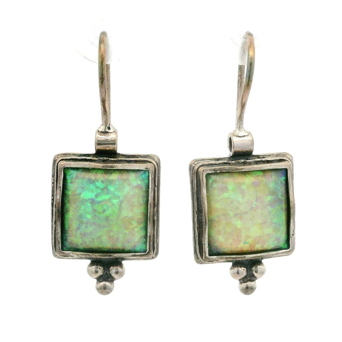 Vintage Dangle Earrings Sterling Silver Green Jelly Opal Cabochon: Vintage Dangle Earrings Sterling Silver Green Jelly Opal Cabochon These vintage dangle/drop earrings feature a stunning square-framed design with lab-created green jelly opal cabochons as the main sto