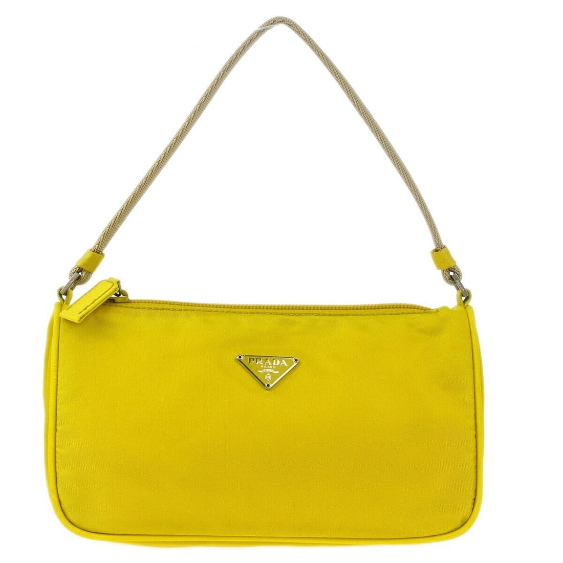 Prada Yellow Nylon Top Handle Handbag 58/MV632 Casual Style: Prada Yellow Nylon Top Handle Handbag 58/MV632 Casual Style Introducing the Prada Yellow Nylon Handbag, a stylish accessory perfect for casual occasions. This medium-sized top handle bag features a vi